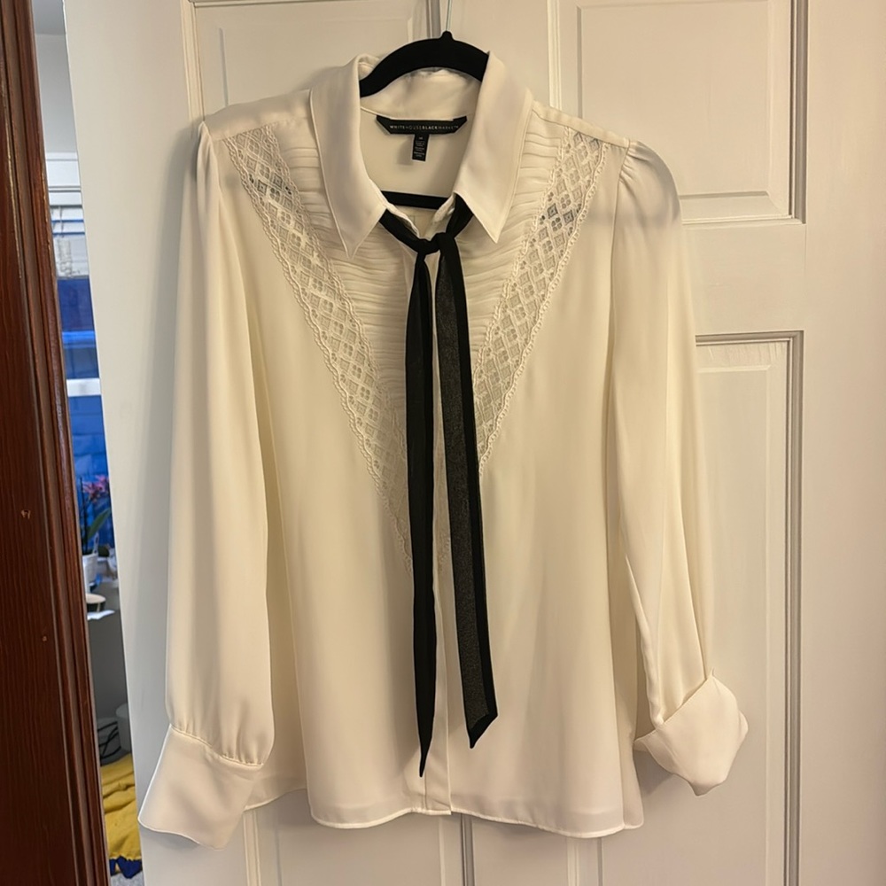 White House Black Market White Blouse with Black Tie